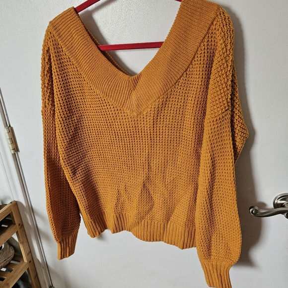 Zenana Cozy Mustard Chunky Knit Oversized V-Neck Sweater - Picture 1 of 2